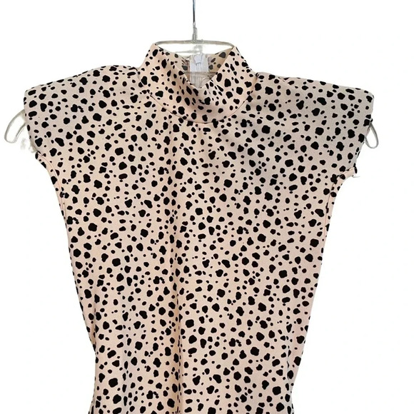 PrettyLittleThing Nude Dalmatian Shoulder Pad Tie Waist Midi Dress NWT - Picture 3 of 7
